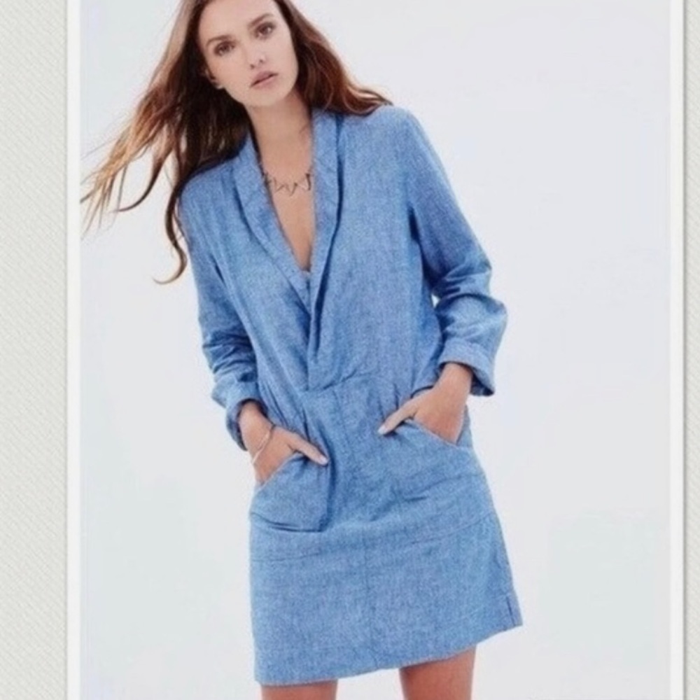 DONE Up In Denim Mini Free People Dress, XS- pockets, open neckline, long sleeve